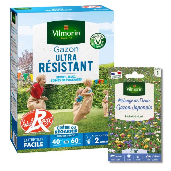 Ultra résistant - Gazon Ultra Résistant - Label Rouge - 1 kg + Gazon Japonais - 4 m² - Mélange de fleurs - face recto